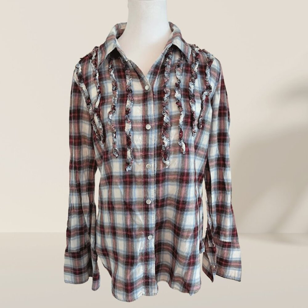 Seven7 women’s shirt ruffle front pearl snap shirt in red and blue, size L